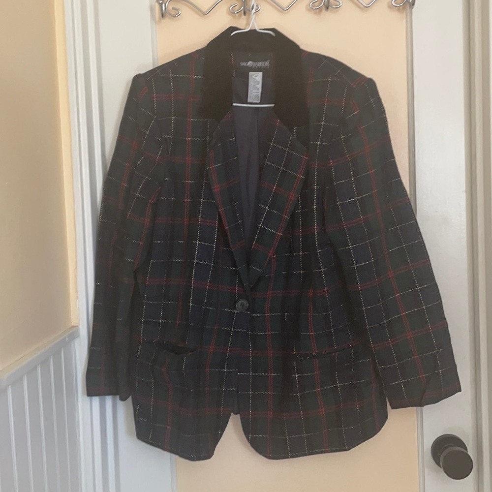 Vintage 90’s Velvet Collar Tartan Plaid Blazer Equestrian Prep